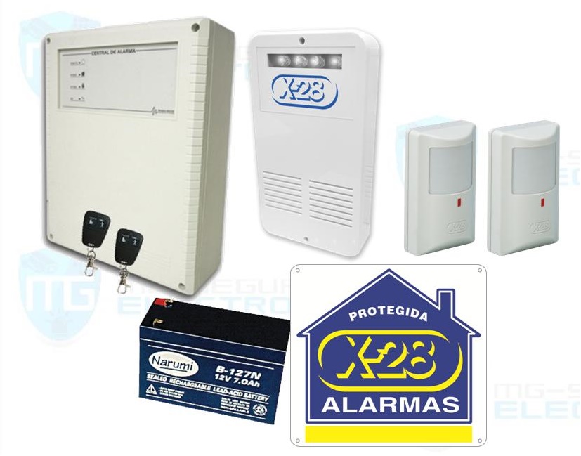 Central, 2 controles remotos, batería, 2 sensores para interior y sirena plástica de exterior con led y flash.